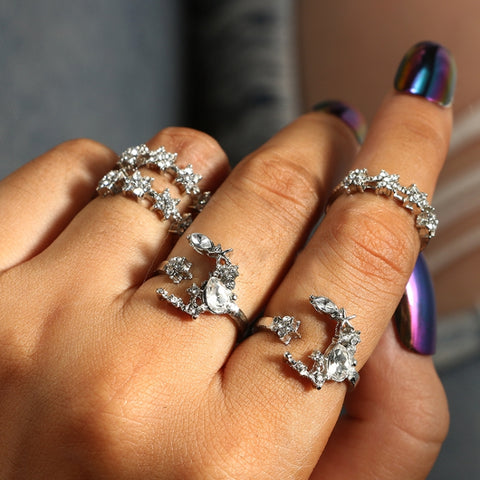 5 PCS/Set Vintage Women Star Moon Adjustable Ring Set