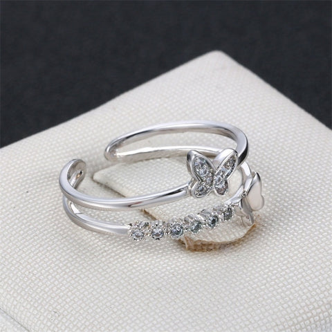 Women Fashion Cute Butterfly Shape Diamond Opening Ring, Rose gold, Platinum