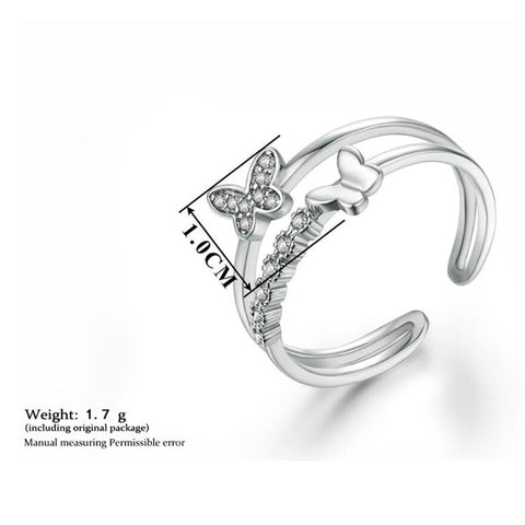 Women Fashion Cute Butterfly Shape Diamond Opening Ring, Rose gold, Platinum