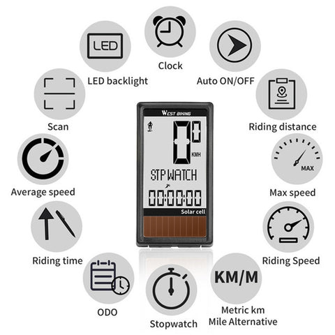 WEST BIKING Wireless Solar Code Table Mountain Road Bike Large Character Code Table Five Language Waterproof Speedometer, WEST BIKING Speedometer