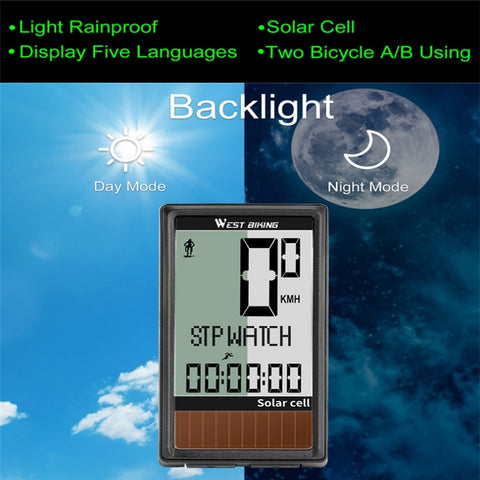 WEST BIKING Wireless Solar Code Table Mountain Road Bike Large Character Code Table Five Language Waterproof Speedometer, WEST BIKING Speedometer