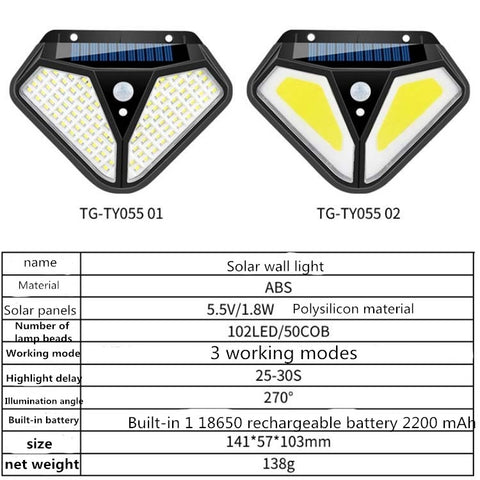 Solar Wall Lamp Body Induction Garden Lamp Villa Waterproof Outdoor Lighting Street Lamp, 102 LED, 50 COB