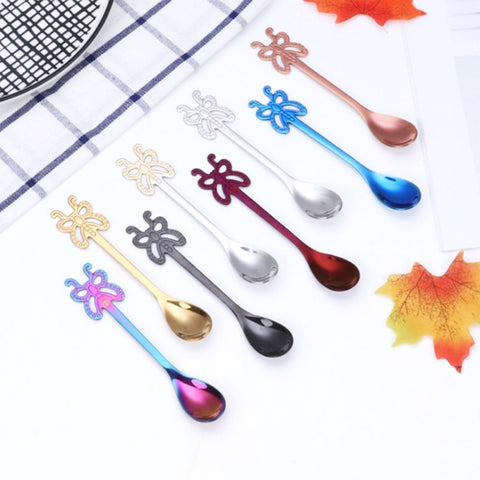 Multicolor Stainless Steel Butterfly Coffee Spoon Fruit Cold Drink Ice Cream Dessert Tea Spoon, Silver, Gold, Rose Gold, Rainbow, Black, Purple