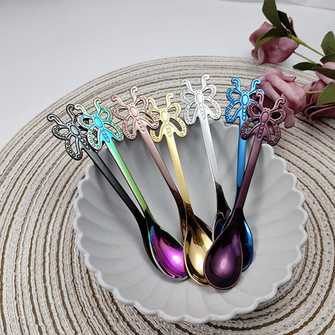 Multicolor Stainless Steel Butterfly Coffee Spoon Fruit Cold Drink Ice Cream Dessert Tea Spoon, Silver, Gold, Rose Gold, Rainbow, Black, Purple