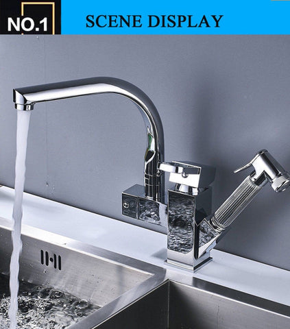 Kitchen Faucet Mixer Tap Single Handle Two Swivel Spouts Hot Cold Water Tap Pull Out Flushing Spray Tap, Low, Hight