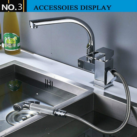 Kitchen Faucet Mixer Tap Single Handle Two Swivel Spouts Hot Cold Water Tap Pull Out Flushing Spray Tap, Low, Hight