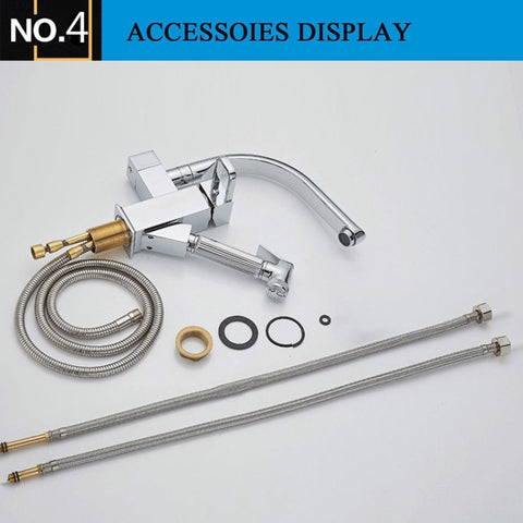 Kitchen Faucet Mixer Tap Single Handle Two Swivel Spouts Hot Cold Water Tap Pull Out Flushing Spray Tap, Low, Hight