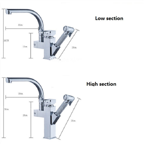 Kitchen Faucet Mixer Tap Single Handle Two Swivel Spouts Hot Cold Water Tap Pull Out Flushing Spray Tap, Low, Hight