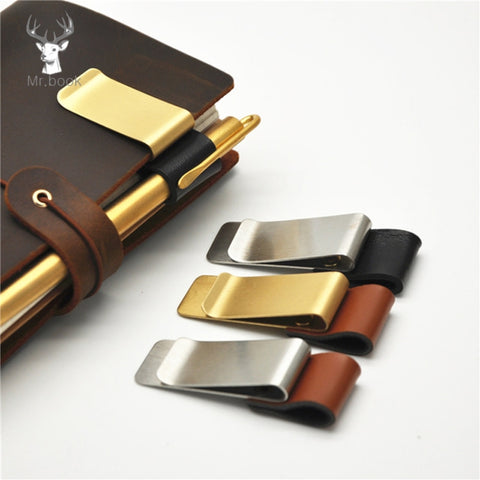 Metal Leather Pen Holder Stainless Steel Pencil Clip Notebook Pen Holder, Gold-Brown, Silver-Brown, Silver-Black