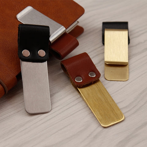 Metal Leather Pen Holder Stainless Steel Pencil Clip Notebook Pen Holder, Gold-Brown, Silver-Brown, Silver-Black