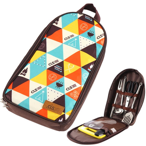 CLS 7-In-1 Outdoor 201 Stainless Steel Cookware Set Picnic Kitchenware Portable Handbag Picnic Bag, 7 in 1 Coffee, 7 in 1 Triangle Pattern