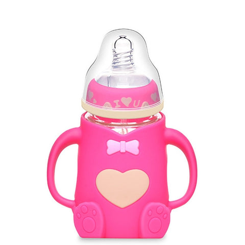Baby Silicone Glass Bottles Drop-proof and Flatulence-proof Glass Baby Bottle