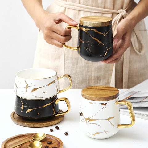 Marble Matte Gold Series Ceramic Tea Cup Coffee Mug With Wooden Lid Or Tray