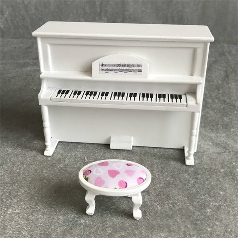 1:12 Mini House Toy Simulatio Piano and Bench, White, Pink, Black
