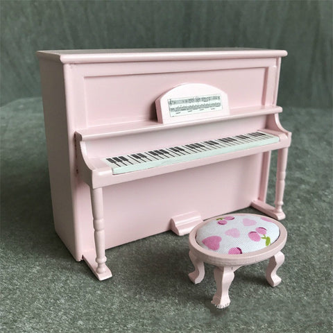 1:12 Mini House Toy Simulatio Piano and Bench, White, Pink, Black