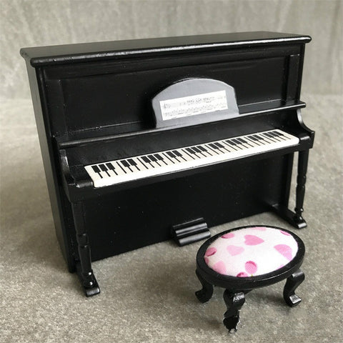1:12 Mini House Toy Simulatio Piano and Bench, White, Pink, Black