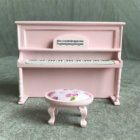 1:12 Mini House Toy Simulatio Piano and Bench, White, Pink, Black