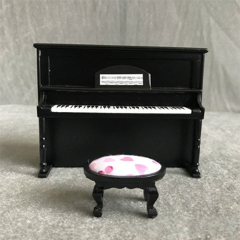 1:12 Mini House Toy Simulatio Piano and Bench, White, Pink, Black