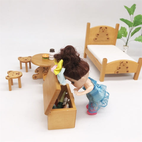 1:12 Mini Doll House Pocket Children Bedroom Small Bear Bed Set, Bear Bed Set