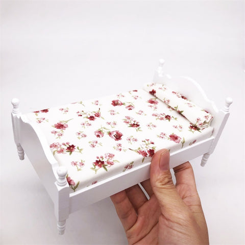 1:12 Mini House Toy Simulation Bedroom White Single Bed, Bedroom White Single Bed