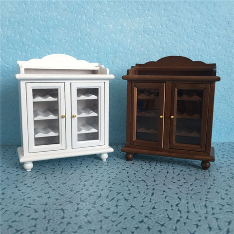 1:12 Mini House Toy Simulation Walnut Wine Cabinet, White, Walnut Color