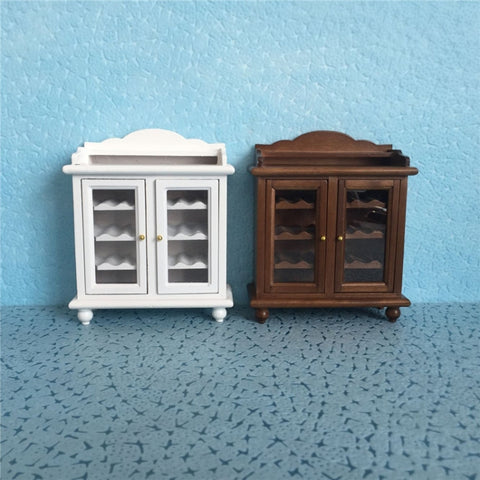 1:12 Mini House Toy Simulation Walnut Wine Cabinet, White, Walnut Color