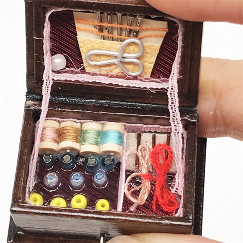 1:12 Mini House Toy Simulation Classical Solid Wood Chinese Retro Sewing Box, Sewing Box