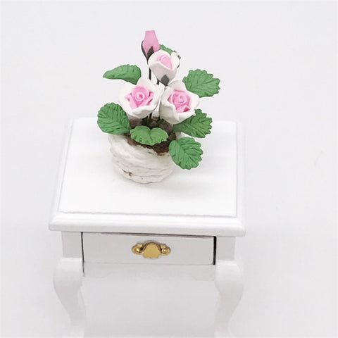 1:12 Mini House Toy Pocket Ornaments Simulation Potted Plant Rose, Pink and White Rose