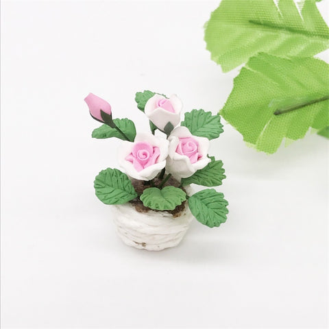 1:12 Mini House Toy Pocket Ornaments Simulation Potted Plant Rose, Pink and White Rose