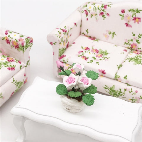 1:12 Mini House Toy Pocket Ornaments Simulation Potted Plant Rose, Pink and White Rose