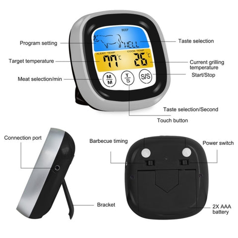 Kitchen Food Digital Display Touch Field Barbecue Thermometer, Black with Silver Frame, Gray with White Box