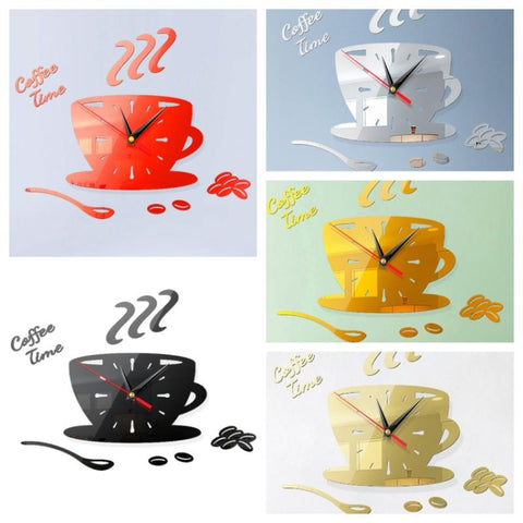 Home DIY 3D Stereo Decorative Fashion Coffee Wall Clock Acrylic Mirror Wall Sticker Coffee Clock