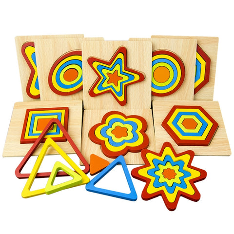 DIY Creative 3D Wooden Puzzle Geometry Shape Puzzle Children Educational Toys, Flower, Square, Oval, Polygon, Quadrilateral, Gear Shape, Round, Hexagon, Triangle, Pentagram
