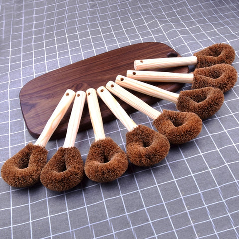 10 PCS Natural Coconut Palm Non-stick Oil Long Handle Pot Brush Cleaning Brush Kitchen Cleaning Tool, Coconut Palm Brush