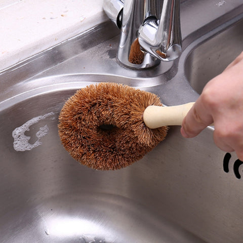 10 PCS Natural Coconut Palm Non-stick Oil Long Handle Pot Brush Cleaning Brush Kitchen Cleaning Tool, Coconut Palm Brush