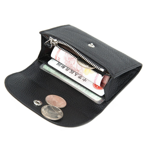 Short Mini Slim Top-grain Leather Wallet Card Bag Zip Coin Pocket, Pink, Big Red, Gray, Black, Blue