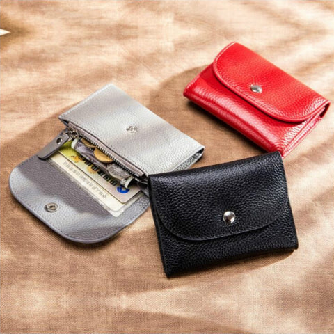 Short Mini Slim Top-grain Leather Wallet Card Bag Zip Coin Pocket, Pink, Big Red, Gray, Black, Blue