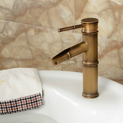 Antique Retro Hot Cold Water Bathroom Counter Basin Bamboo Waterfall Basin Copper Faucet, Breaking 2 Knots, Breaking 3 Knots, Early 2 Knots, Early 3 Knots, Elbow 2 Knots, Elbow 3 Knots