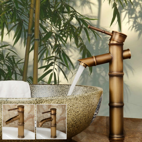 Antique Retro Hot Cold Water Bathroom Counter Basin Bamboo Waterfall Basin Copper Faucet, Breaking 2 Knots, Breaking 3 Knots, Early 2 Knots, Early 3 Knots, Elbow 2 Knots, Elbow 3 Knots