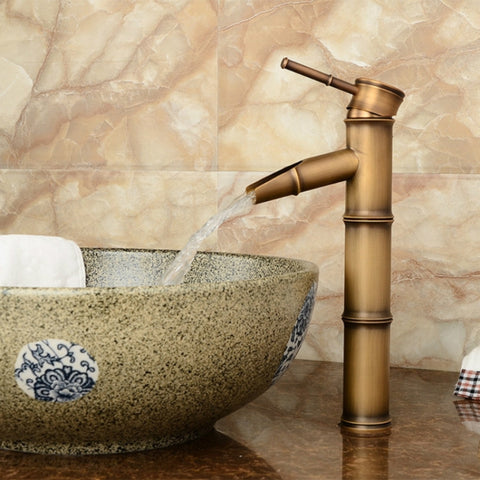 Antique Retro Hot Cold Water Bathroom Counter Basin Bamboo Waterfall Basin Copper Faucet, Breaking 2 Knots, Breaking 3 Knots, Early 2 Knots, Early 3 Knots, Elbow 2 Knots, Elbow 3 Knots