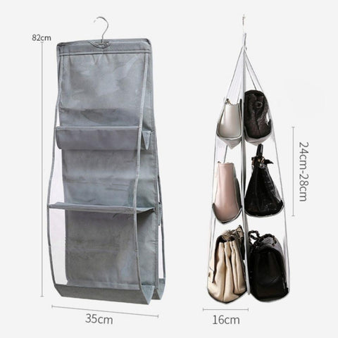 6 Pockets 3 Layers Foldable Hanging Bag Shelf Bag Purse Handbag Organizer, Black, Gray