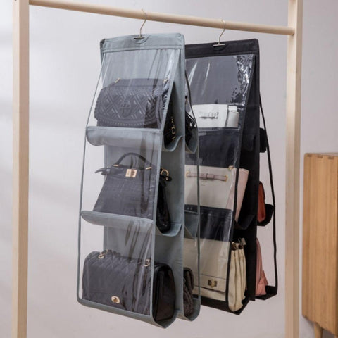6 Pockets 3 Layers Foldable Hanging Bag Shelf Bag Purse Handbag Organizer, Black, Gray