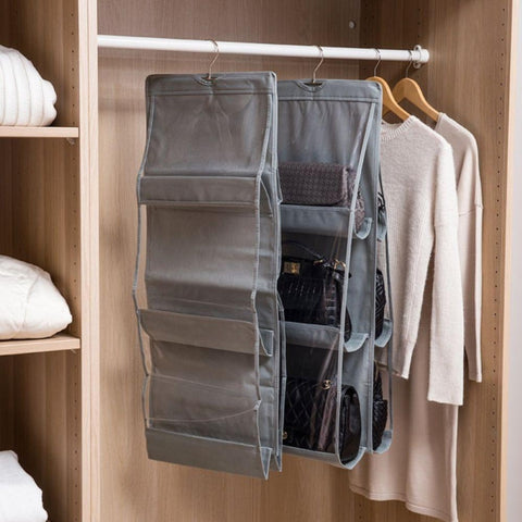 6 Pockets 3 Layers Foldable Hanging Bag Shelf Bag Purse Handbag Organizer, Black, Gray