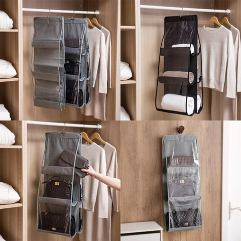 6 Pockets 3 Layers Foldable Hanging Bag Shelf Bag Purse Handbag Organizer, Black, Gray