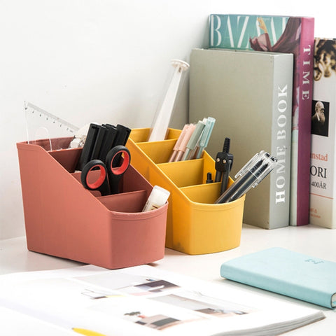 Home Office Plastic Storage Box Desktop Student Stationery Rack Cosmetic Box, Dark Flesh, Dark Blue, Yellow