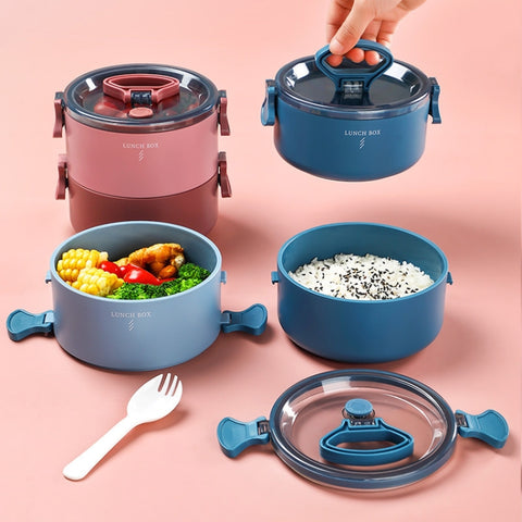 Round Portable Insulation Partitioned Lunch Box Student Office Workers Heated Microwave Oven Bento Box, Single Layer, Double Layer