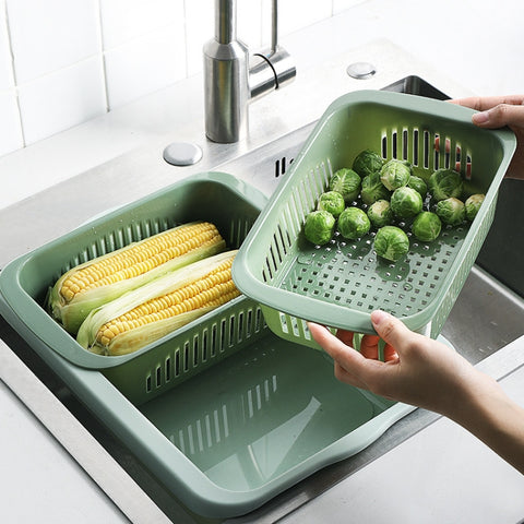 Double-layer Classification Square Drain Basket Kitchen Household Plastic Fruit and Vegetable Basket, Dark Red, Yellow Blue, Grass Green, Light Gray