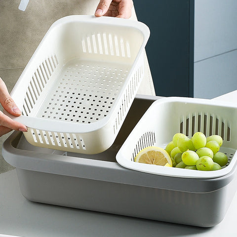 Double-layer Classification Square Drain Basket Kitchen Household Plastic Fruit and Vegetable Basket, Dark Red, Yellow Blue, Grass Green, Light Gray