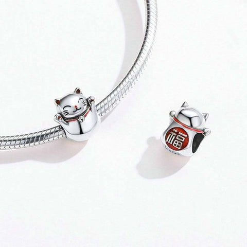 925 Sterling Silver Lucky Cat Beaded DIY Bracelet Jewelry Accessory, SCC1178