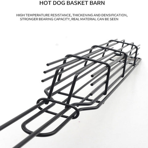 2 PCS Hot Dog Barbecue Cage Sausage Barbecue Clip Barbecue Clip Mesh Wooden Handle Barbecue Mesh Rack, Wood color, Red